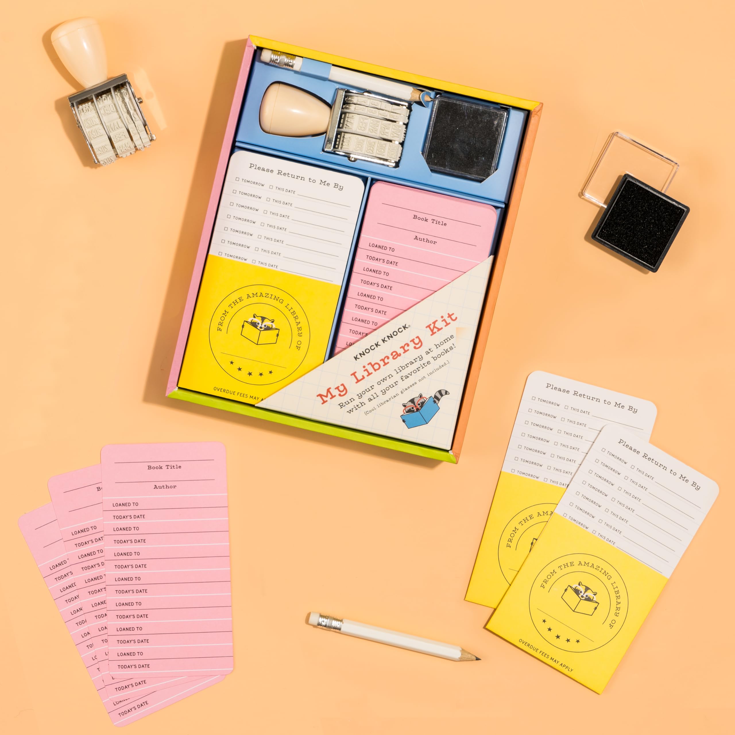 Knock Knock Kids Library Kit: 20 Card Catalog Checkout Cards, Bookplates, Date Stamp & Inkpad, 11117 - Image 3